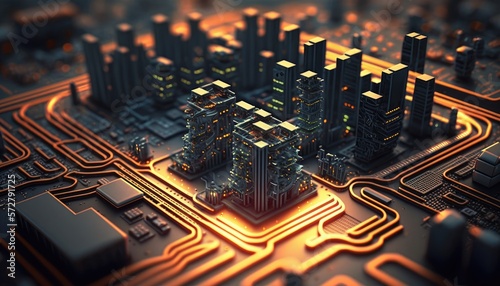 Smart city on circuit board background  - generative ai