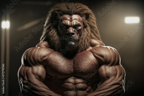 Portrait of a strong male lion in a gym. Bodybuilding concept