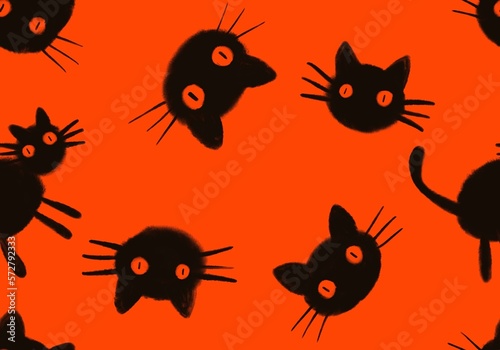 Fototapeta Naklejka Na Ścianę i Meble -  Halloween animals seamless black cats paint markers pattern for wrapping paper and fabrics and linens and kids