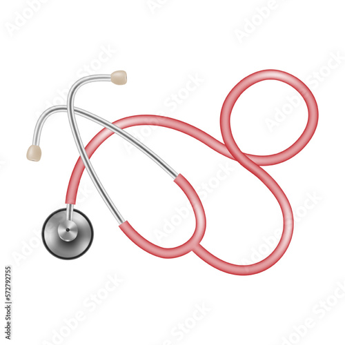 Medical device realistic statoscope on a white background. Medical instrument for listening heart or breathing, typically having disk-shaped resonator and two tubes connected to earpieces. Vector.