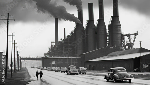 Gritty black and white photograph of an old steel mill with retro 1940s cars on the road and steelworkers walking to work. Fictional location.