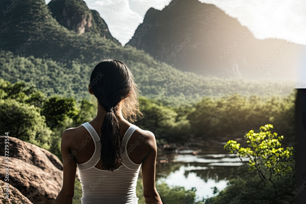 Back view of young woman meditating and practicing yoga in beautiful quiet nature landscape during sunrise. AI generative Back view of young woman meditating and practicing yoga in beautiful quiet nature landscape during sunrise. AI generative