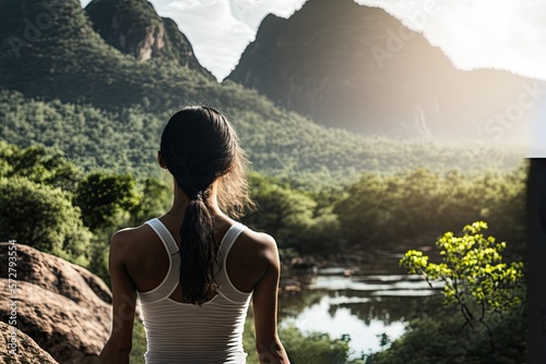 Back view of young woman meditating and practicing yoga in beautiful quiet nature landscape during sunrise. AI generative