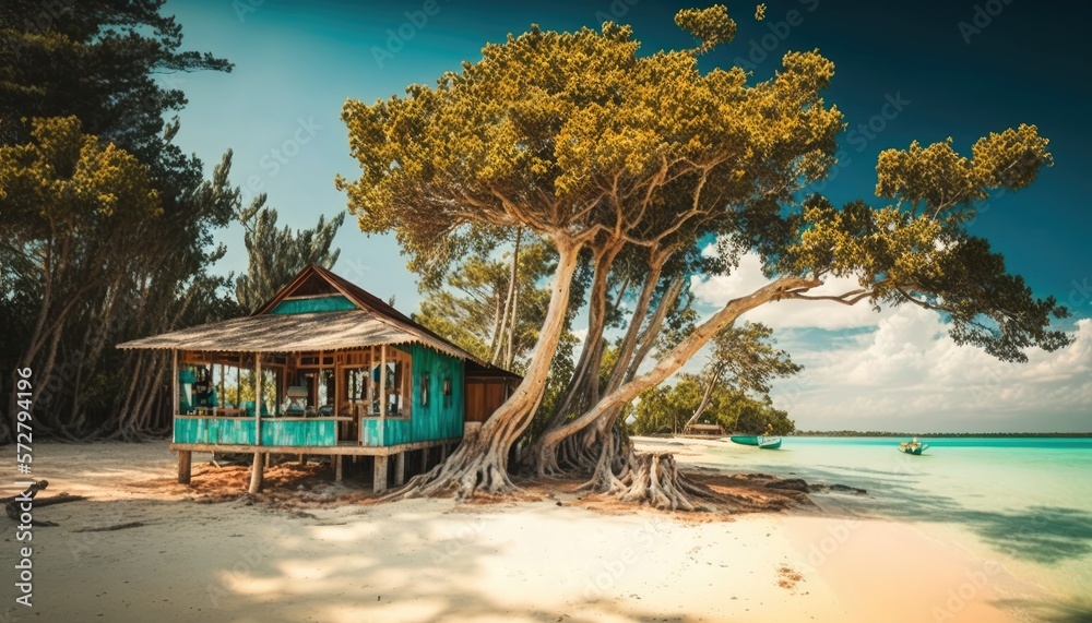 tropical paradise beach with house - obrazy, fototapety, plakaty 