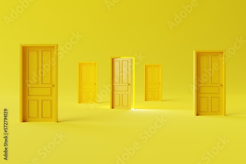 Lots of closed doors and one open. The concept of making decisions, entering new places, crossing borders. 3d render, 3d illustration