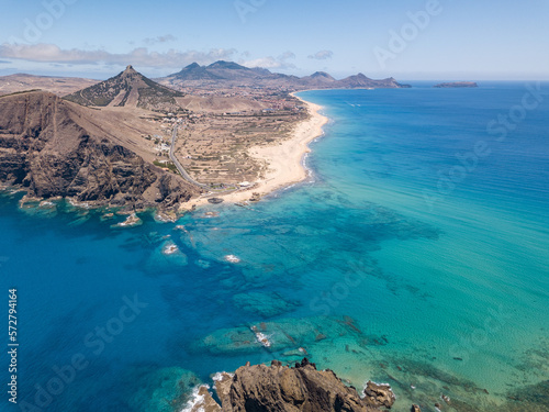 Drone top view of Porto Santo golden island, famous for its nine kilometre sandy beach and crystal clear turquoise waters