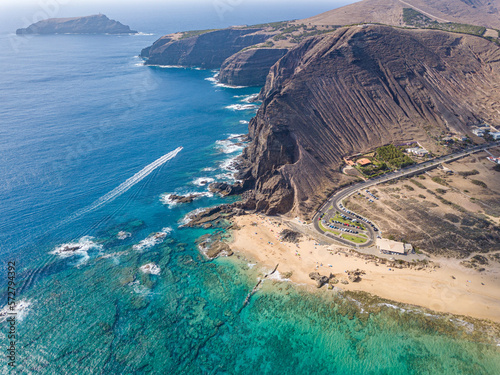 Drone top view of Porto Santo Island Golden sand beaches with crystal clear water
