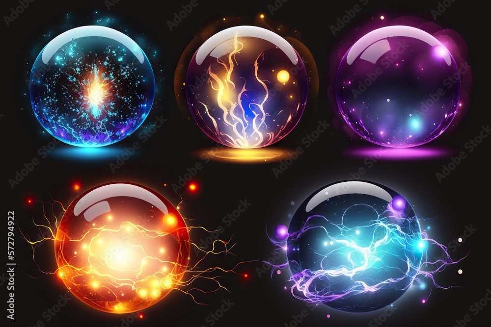 Magic spheres energy balls with mystic glow lightning , concept of
