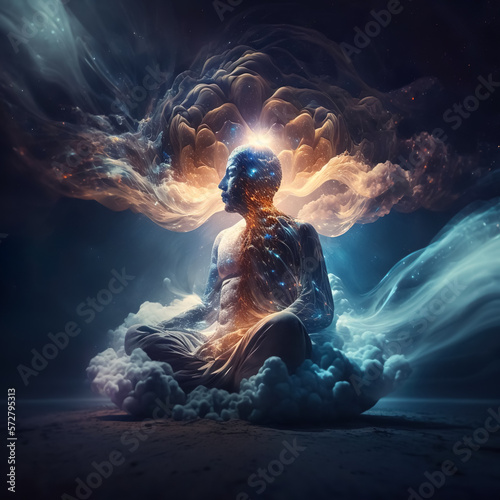 Meditating man in yoga lotus pose. Human existence concept. Surreal illustration. Generative AI. photo