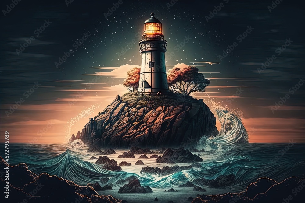 Destination Illuminated A Glowing Lighthouse by the Sea Generative AI