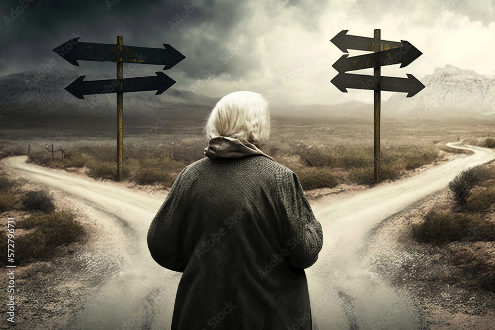Lost In Direction Old woman stands at a fork in the road and looks at two ways being lost ...