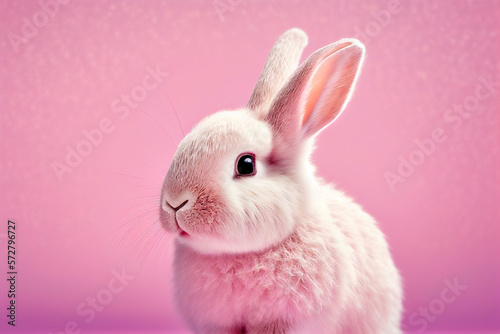 Cute white rabbit on pink background. Easter concept. Copy space. Generative AI © Vitor Miranda