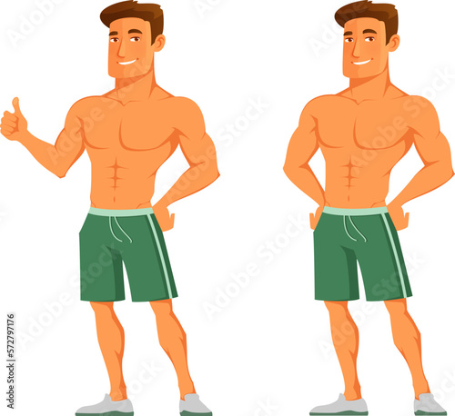handsome young man in sport outfit, giving thumbs up and showing off his muscles. Healthy lifestyle and fitness concept.
