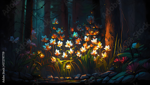Glowing flowers in the dark forest created with generative AI technology