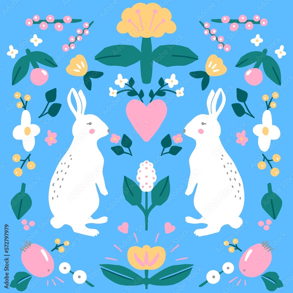 Folk art cute illustration with bunny, rabbits and flowers, greeting cards. for print, invitation, easter card