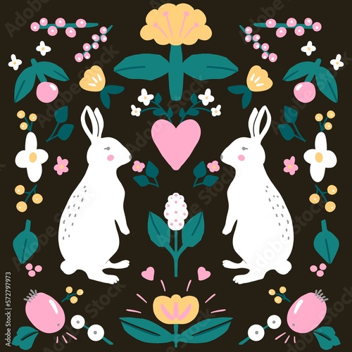 Folk art cute illustration with bunny, rabbits and flowers, greeting cards. for print, invitation, easter card