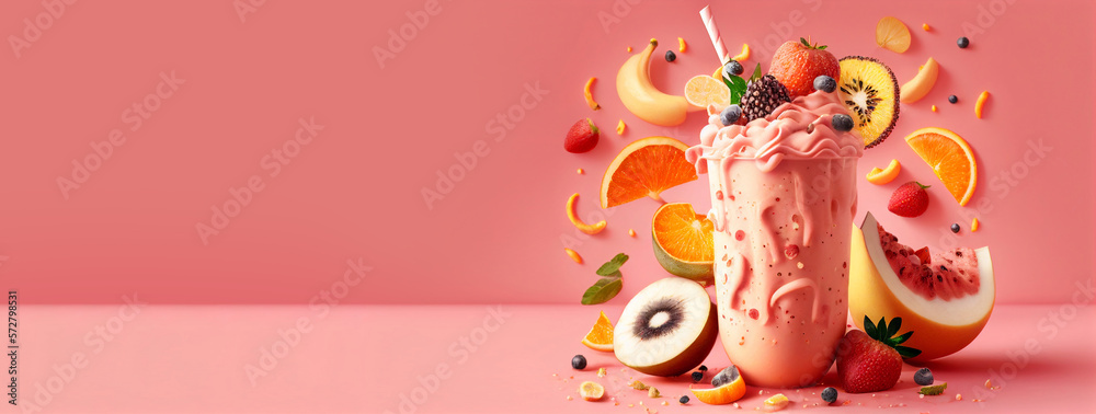 Delicious fruit smoothie with variety of fruits on pink background with copy space. Illustration AI