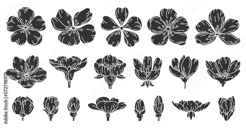 Sakura cherry flower blossom black silhouette set. Seasonal oriental decor stamp print glyph stencil plant blooming Chinese Japanese symbol hand draw element blooming spring summer botanical isolated