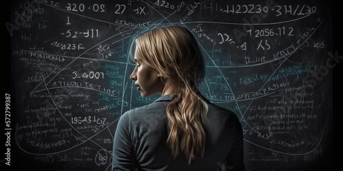 Photo female mathematician solving complex equations on chalkboard surrounded by equat