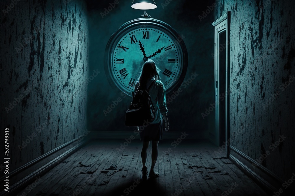 Woman pacing back and forth in dark room with clock hands pointing