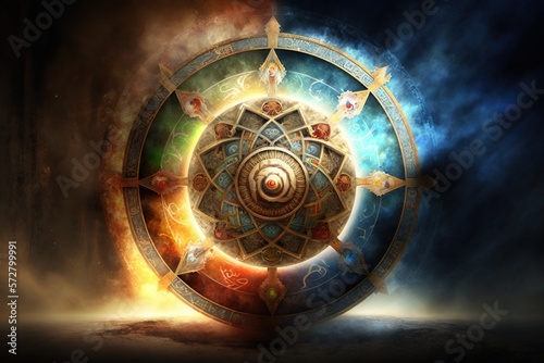 Wheel of samsara rebirth special effect, concept of Karma Cycle and Reincarnation, created with Generative AI technology