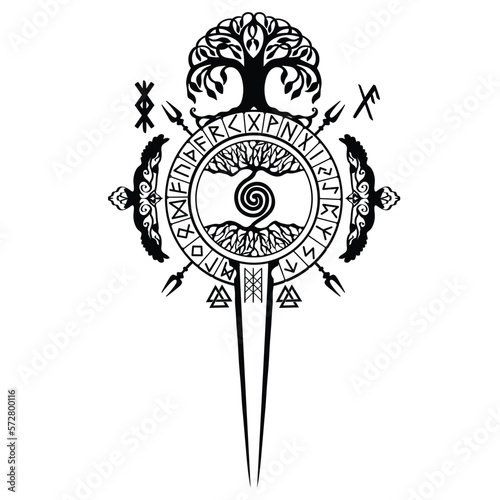 Yggdrasil, the tree of life. Vikings symbol Odin,with futhark runes , YGGDRASIL PAGAN SYMBOLS AND NORSE RUNES 