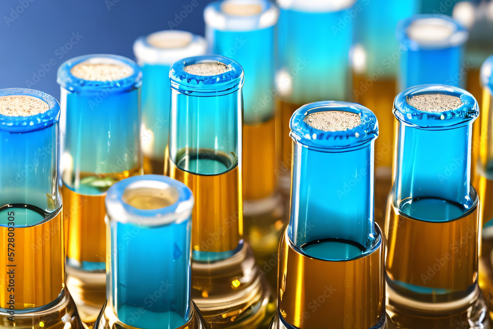 Various liquids in scientific tubes in a laboratory environment ...