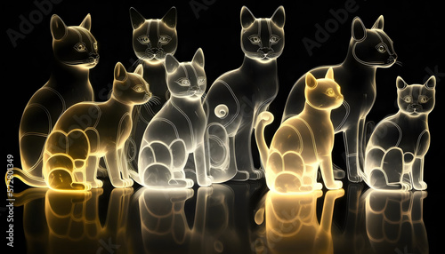  Translucent cats on solid black background created with generative AI technology photo