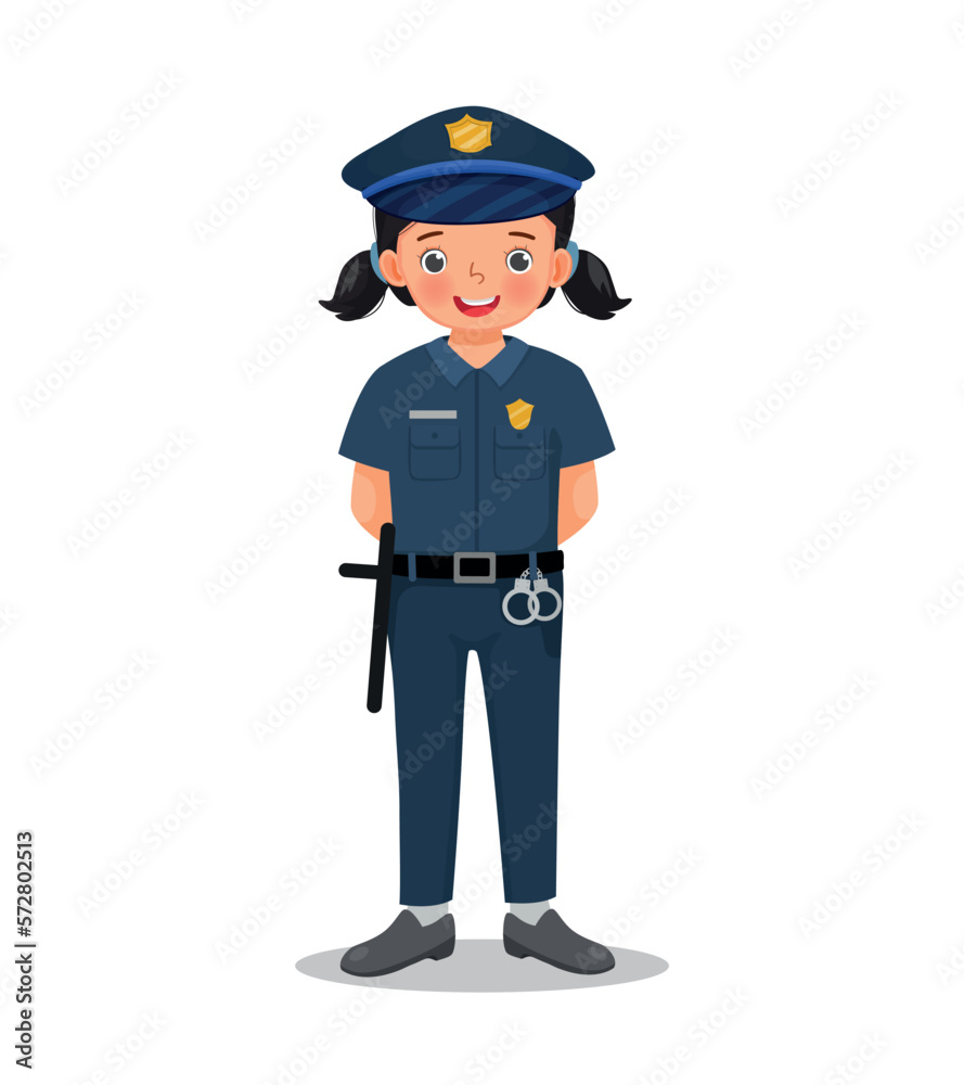 Cute little girl wearing police uniform pretending to be police officer