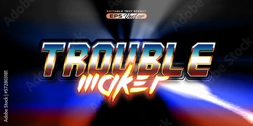 Retro text effect trouble maker futuristic editable 80s classic style with experimental background, ideal for poster, flyer, social media post with give them the rad 1980s touch