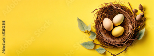 Yellow Easter eggs in birds nest on yellow background with copy space. Illustration AI