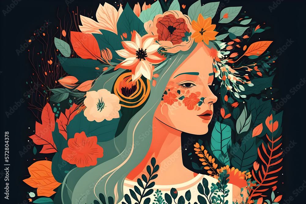 Beautiful Hand-Drawn Illustration of a Woman with a Flower Crown