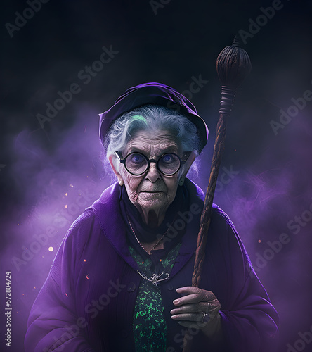 Old Witch Holding Enchanted Wand with Mysterious Smoke: Spooky Halloween
