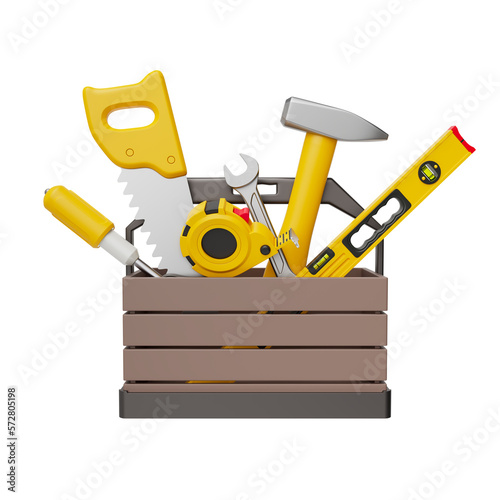 Toolbox with instruments inside. Workman's toolkit. Tool chest with hand tools. Workbox in flat style. 3D illustration