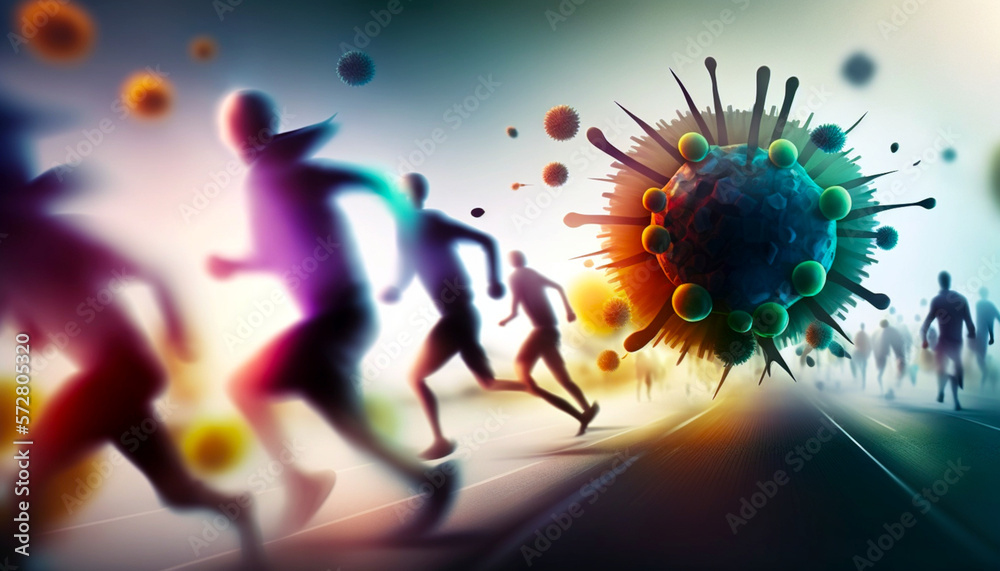 Panic people running away from gigant virus. Coronavirus, epidemic and fears. People are afraid of getting sick. Ai illustration, fantasy digital painting, artificial intelligence artwork
