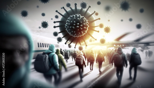 Gigant virus. Coronavirus, epidemic and fears. People are afraid of getting sick. Airport - plane boarding. Ai illustration, fantasy digital painting, artificial intelligence artwork