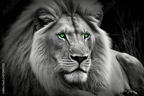 Black and white portrait of a lion with green eyes made with generative ai