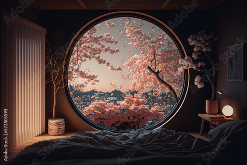 Bedroom view looking out a circular window at cherry blossoms made with generative ai