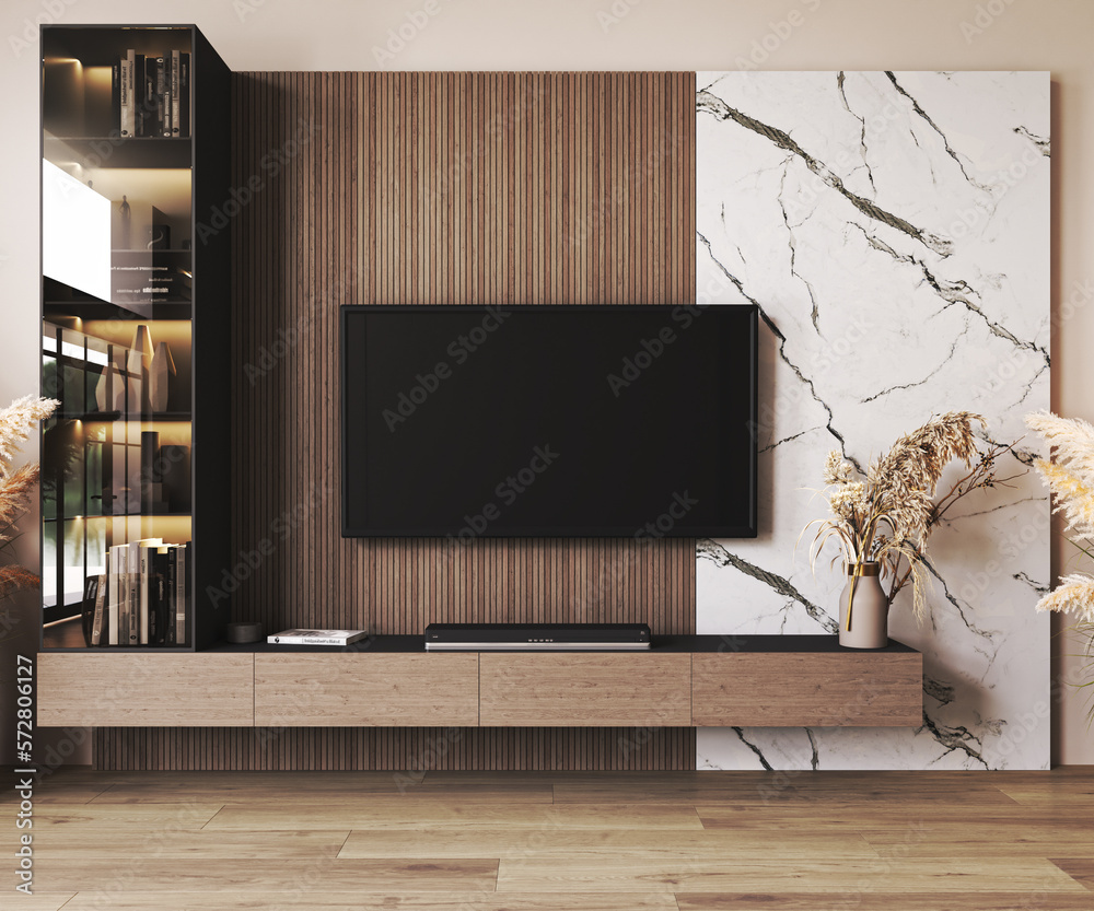 Classic luxury TV wall mock up with lighting. Modern interior of light  beige living room with cabinet for tv on marble wall background. 3d  rendering. High quality 3d illustration Illustration Stock