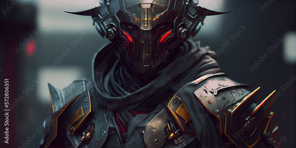 Fototapeta premium Armed samurai and Japanese street with blurred neon lights at night on background. Generative AI.