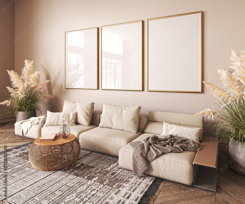 Scandi interior design with beige sofa,wooden boho table and carpet in modern coastal living room. Frame wall mock up. 3d render. High quality 3d illustration - obrazy, fototapety, plakaty 
