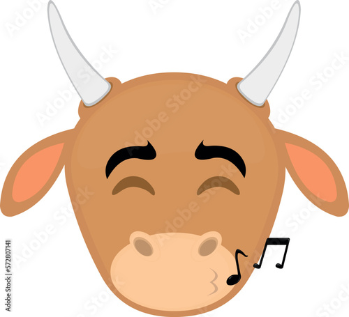 vector illustration cow face cartoon whistling with musical notes on lips