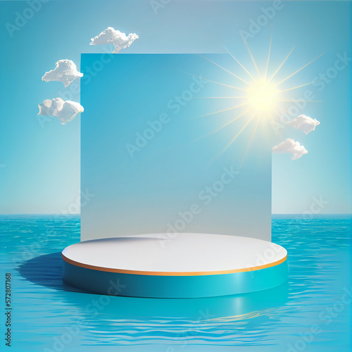 Podium or platform for product presentation display with sea or ocean scene. Generative AI