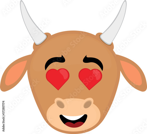 vector illustration face of a cartoon cow in love with heart-shaped eyes