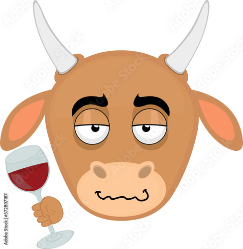 vector illustration face of a drunk cartoon cow with a glass of wine in hand