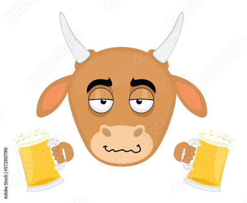 vector illustration face of a cow cartoon drunk with beers in her hands