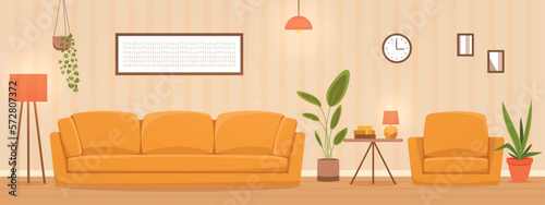 Living room concept. Furniture and modern interior. Brown sofa, plant in pot, table, lamp and nightstand with mirror. Comfort and coziness in apartment, design. Cartoon flat vector illustration