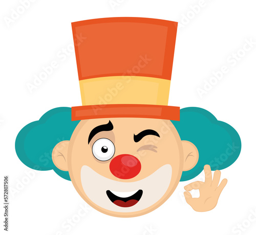 vector illustration face of a cartoon clown a happy expression, with the hand making a classic gesture of ok or perfect