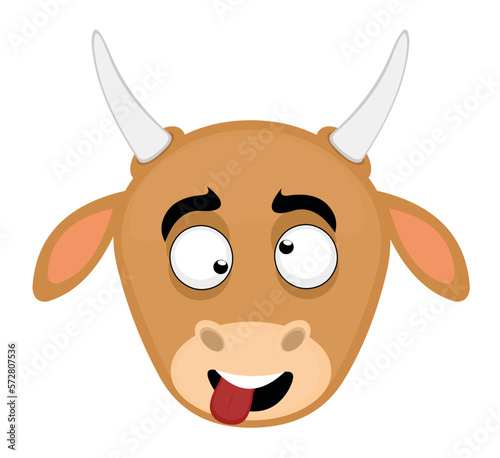 vector illustration cow face cartoon with an expression of madness, with eyes vizco and tongue out