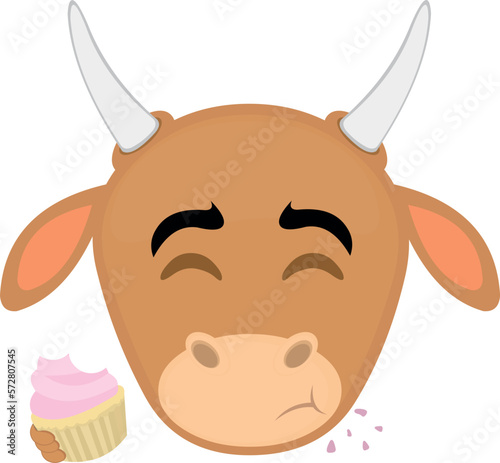 vector illustration face of a cow cartoon eating a cupcake or muffin